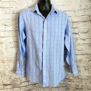 Buttoned Down Linen Cotton Plaid Casual Shirt Men Blue Medium Long Sleeve